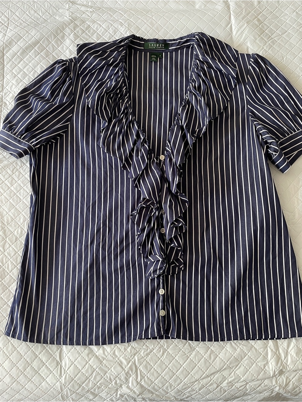 LAUREN Ralph Lauren womens striped navy ruffle top and skirt set 100% cotton